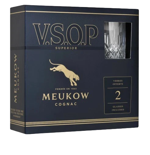 MEUKOW VSOP GIFT PACK W GLASSES COGNAC 750ML @ MacTaggart [1050465]