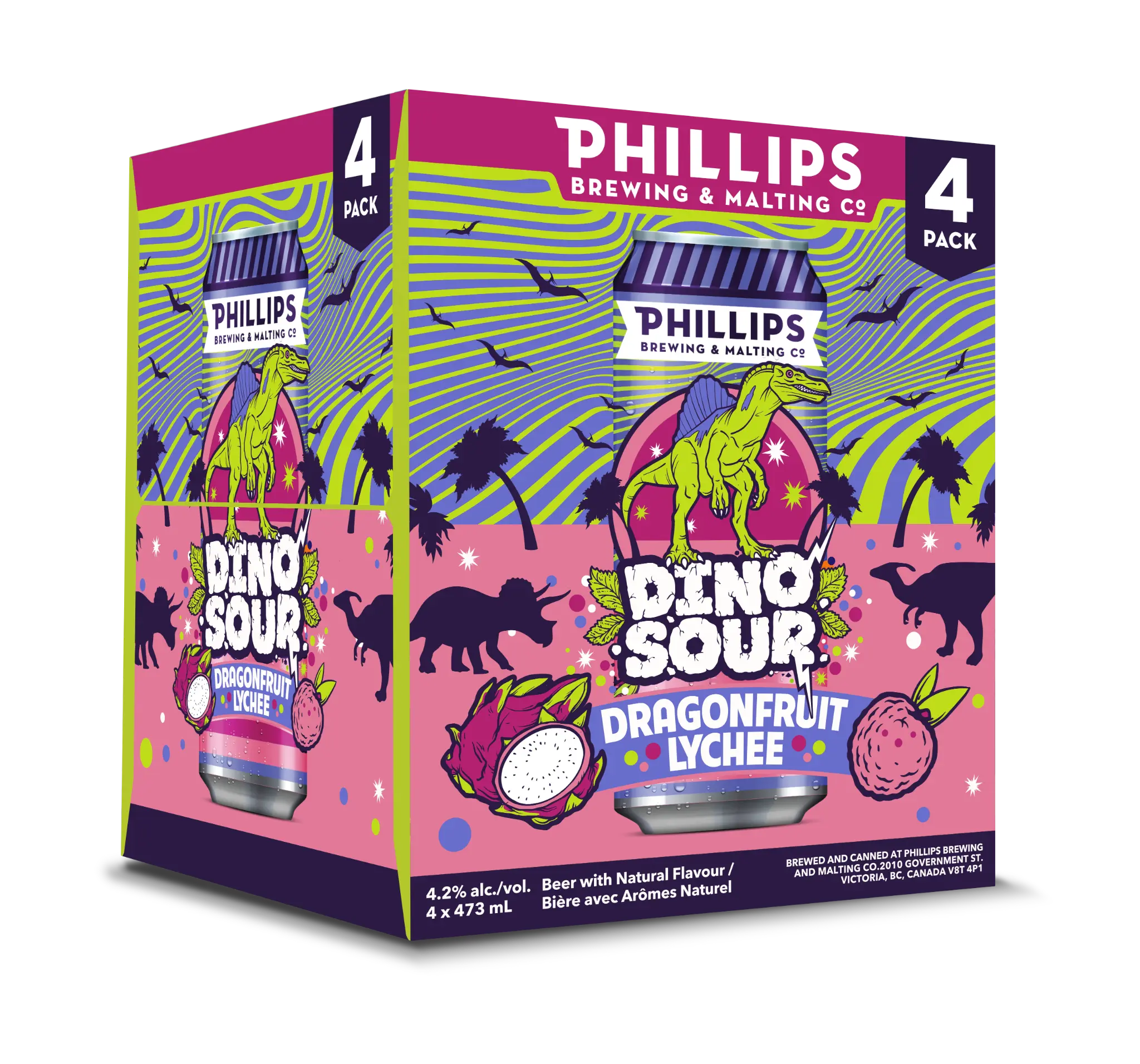 PHILLIPS DINOSOUR DRAGONFRUIT LYCHEE 473ML 4PK CAN @ Deerfoot Meadows [1059218]